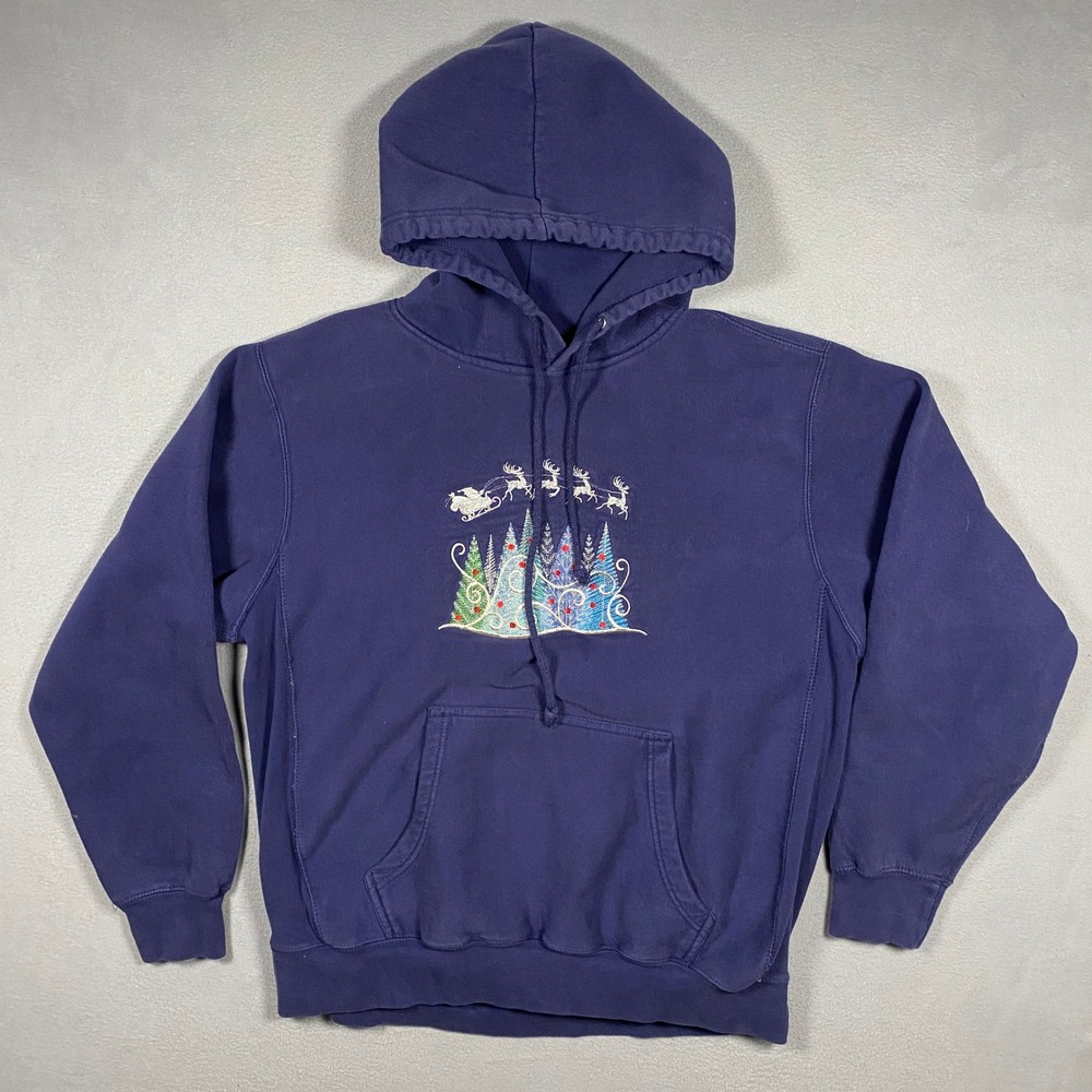 Vintage MV Sport Hoodie Large Navy Blue Pro-Weave Embroidered Santa Sleigh